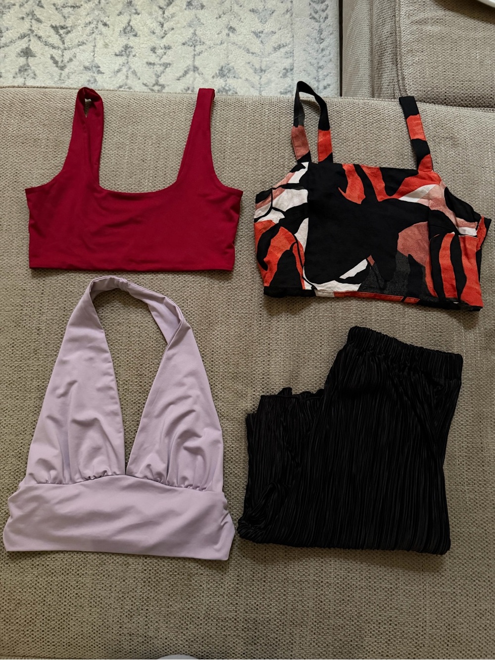 Set of Women’s Crop Tops and pant – Red Solid, Multicolor Abstract, Lilac Halter